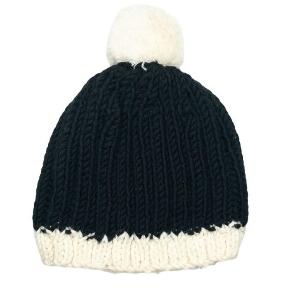 Hat Attack Black & Ivory Ribbed Knit Beanie With Pom Pom